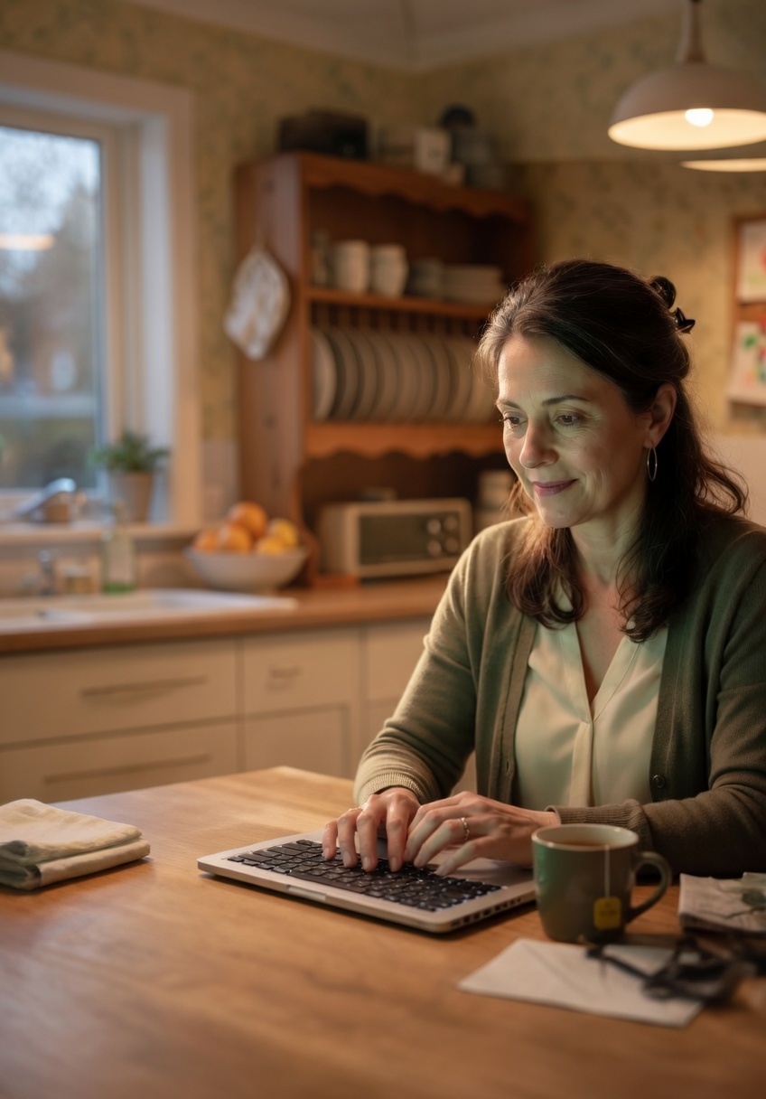 Adult daughter reviewing HackGran on her laptop at home
